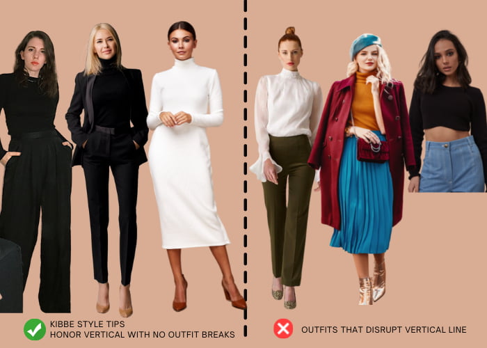 monchrome outfit examples that honor vertical line versus three outfits that disrupt the vertical line ( different color top and bottom, color blocked outfit, and cropped top)