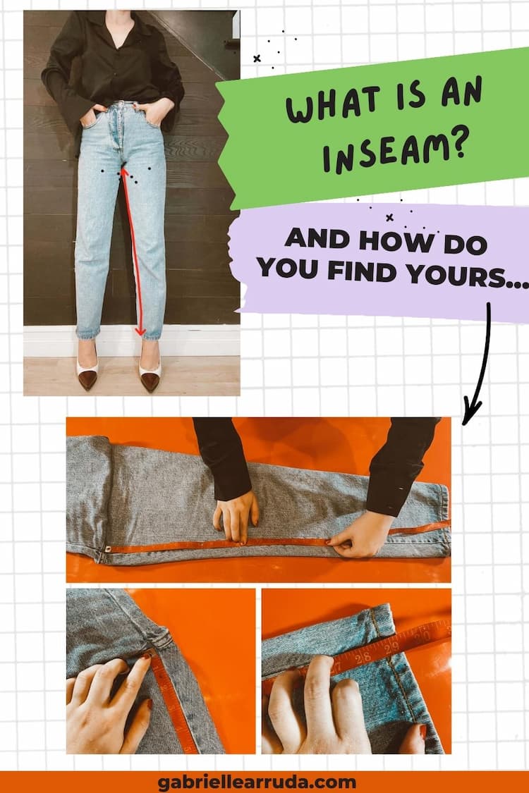 what is an inseam, and how to measure your inseam, images of gabrielle arruda in jeans and close up of her measuring inner leg seam