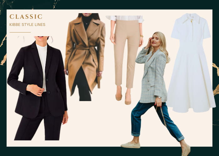 kibbe classic style lines: woman in classic blazer with white fitted tee underneath, woman in black trouser and camel tailored belted coat, simple tan trouser that shows ankle, woman in jeans with twee blazer over and flat loafers, shirt dress in fit-n-flare silhouette