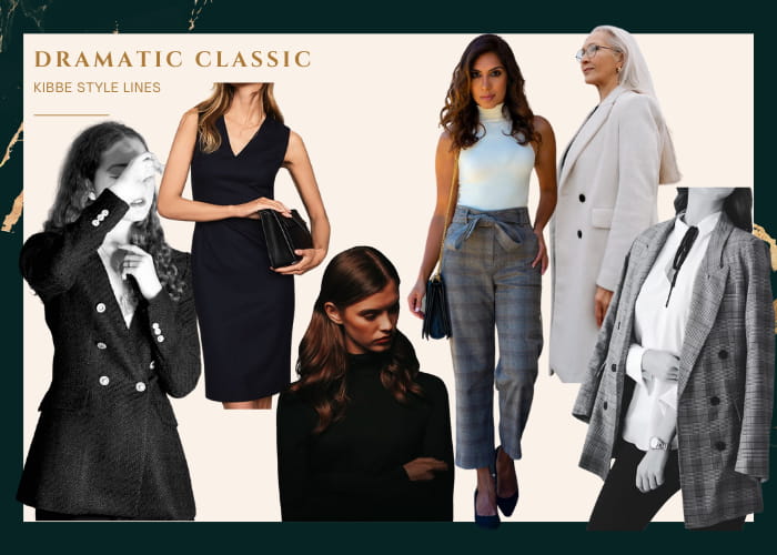 dramatic classic kibbe style lines: woman in double breasted blazer, v-neck tailored sheath dress, woman in turtleneck, woman in sleeveless turtleck with tailored gray plaid pants, older woman in crisply tailored wool coat, woman with white blouse with black tie with structured blazer over it 