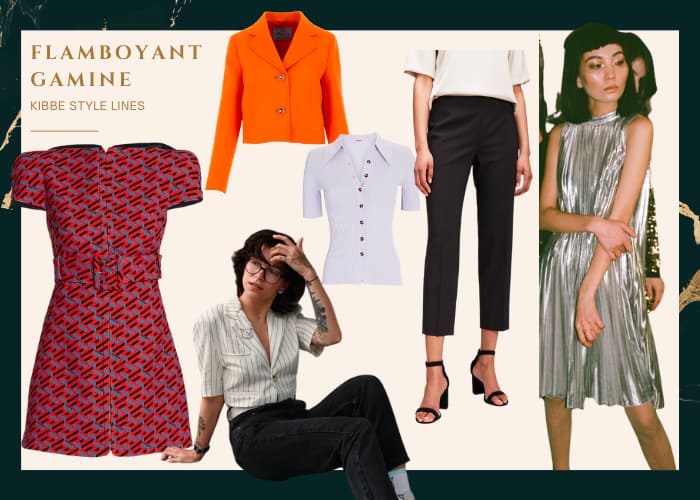 flamboyant gamine style lines: strong shoulder mod dress that is short, cropped orange jacket with contrast trim, woman in cropped jacket and cropped jeans, ribbed knit polo fitted, cropped audrey style trousers, woman in silver pleated dress that is short and tent shape with halter neckline 