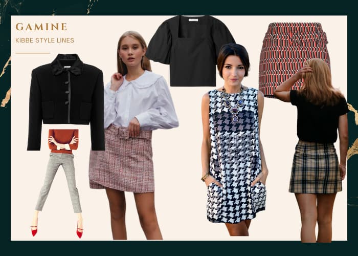 kibbe gamine style line examples: boxy cropped black jacket, woman in cropped trousers with cute pointed flats, woman in mini skirt and large collar tailored shirt, square neck shirt with short sleeves, woman in houndstooth mod style dress, mini skirt with black mock turtleneck 