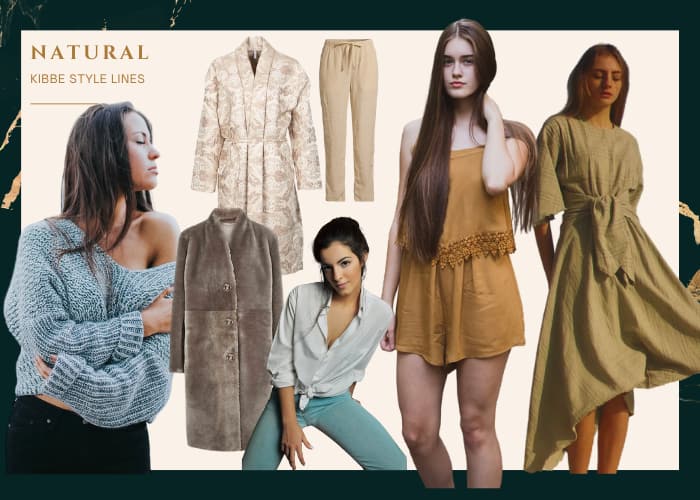 kibbe natural style lines: woman in loose off the shoulder sewater, two fuzzy coats that have no lapels and have a strong shoulder and straight shape, woman in loose blouse thats knotted with jeans, woman in simple loose short dress that has thin straps and a general A-line shape, woman in softly constructed dress with sleeves and a wrap around at waist in natural fabric  