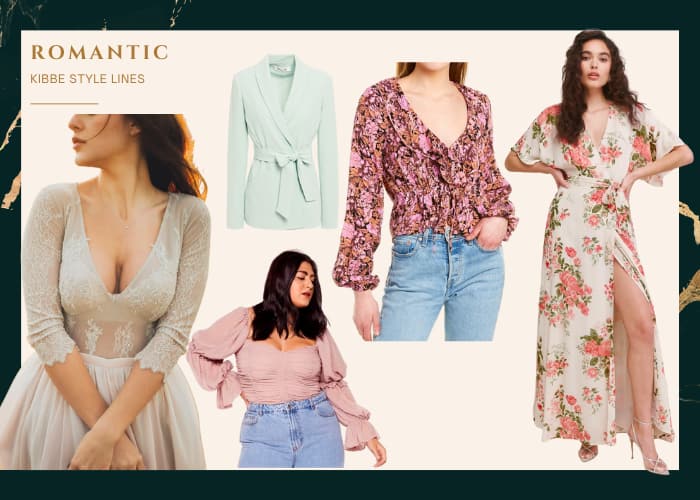 romantic style line examples: woman in lace top that has scoop neckline, and soft skirt, soft jacket with no lapel and belted at waist, puff sleeve leg-o-mutton pink blouse, flowy ruffle silk blouse, floral wrap dress maxi length 
