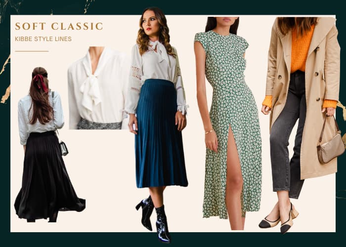 woman in soft blouse and flowy a-lin skirt, silk blouse with soft tie, woman with soft pleated skirt and tucked in blouse, reformation dress with cap sleeve fitted bodice and slit, and woman in cropped jeans, chanel flats, loose trench and sweater 