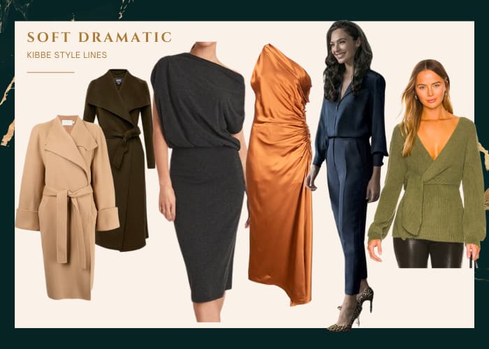 soft dramatic style line suggestion examples- two wrap coats with belts, boat neck strong shoulder line draped dress in charcoal, one shoulder draped silk gown, gal godat from W84 in blue monochrome outfit of fitted trousers and soft blouse with strong shoulder, wrap green sweater with belt and strong shoulder