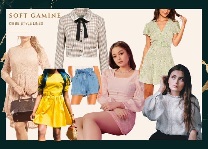 soft gamine style lines: woman in lace dress with fitted waist and uneven hem, woman in yellow tailored dress with belt, prada cropped jacket with bow and contrast buttons, balloon style shorts, woman in square neckline shirt and mini skirt, woman in green summer dress with print and fitted waist, woman in high neck blouse in toile fabric and eyelet detail 