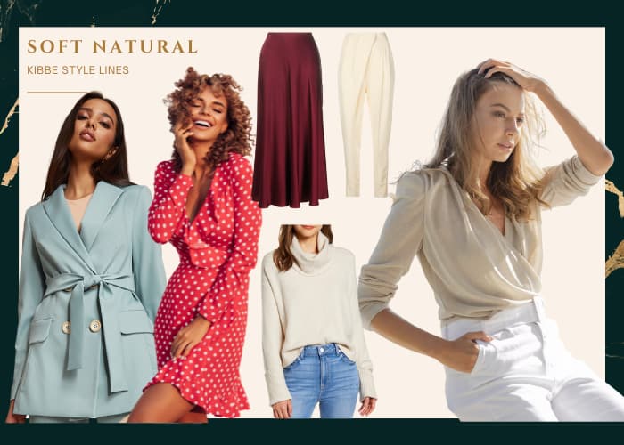 soft natural style line suggestions: shawl collar blazer that's belted, light red wrap dress with some tailoring, a-line slip skirt, loose fitted trouser in cream, soft cowl neck sweater with jeans and woman in draped top with strong shoulder line and white jeans 