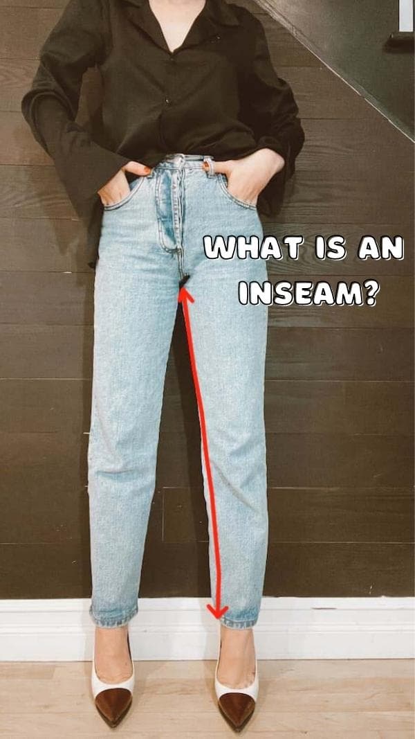 image with gabrielle arruda wearing a pair of straight leg jeans that hit at top of her heels with text "what is an inseam", red arrow along inner leg seam from crotch to pant hem 