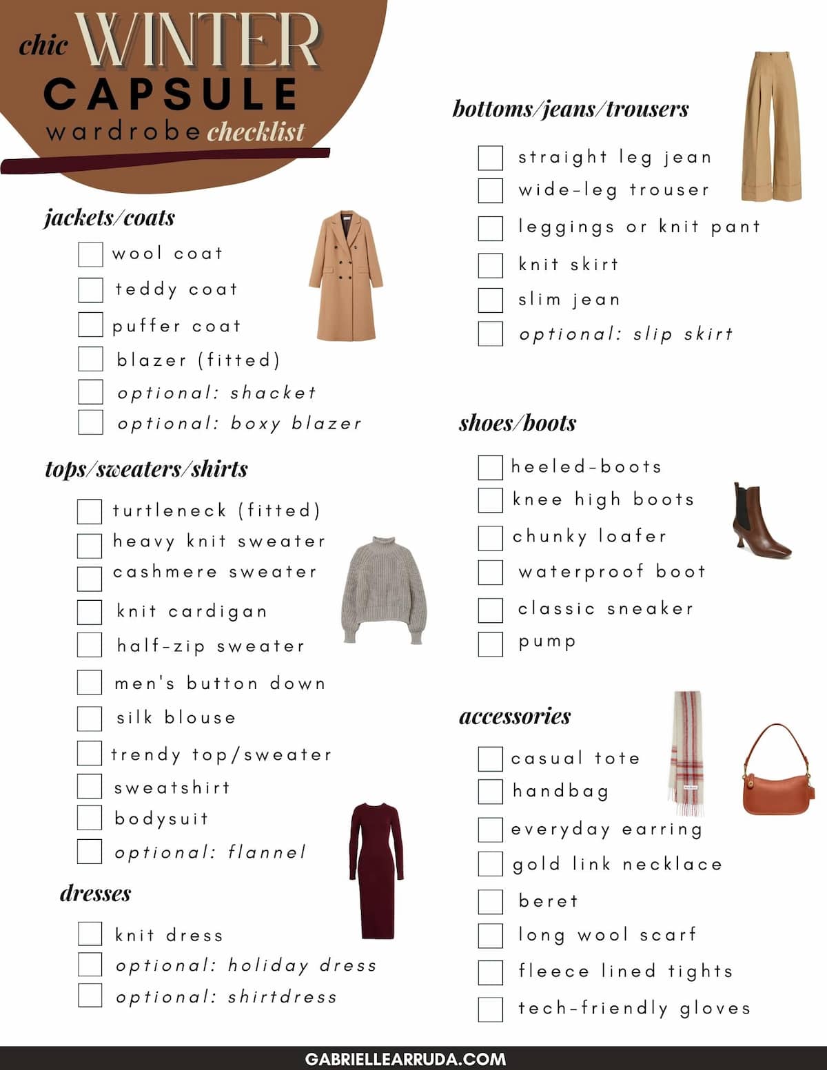 winter capsule wardrobe 2021 checklist (items listed in bullet list below)