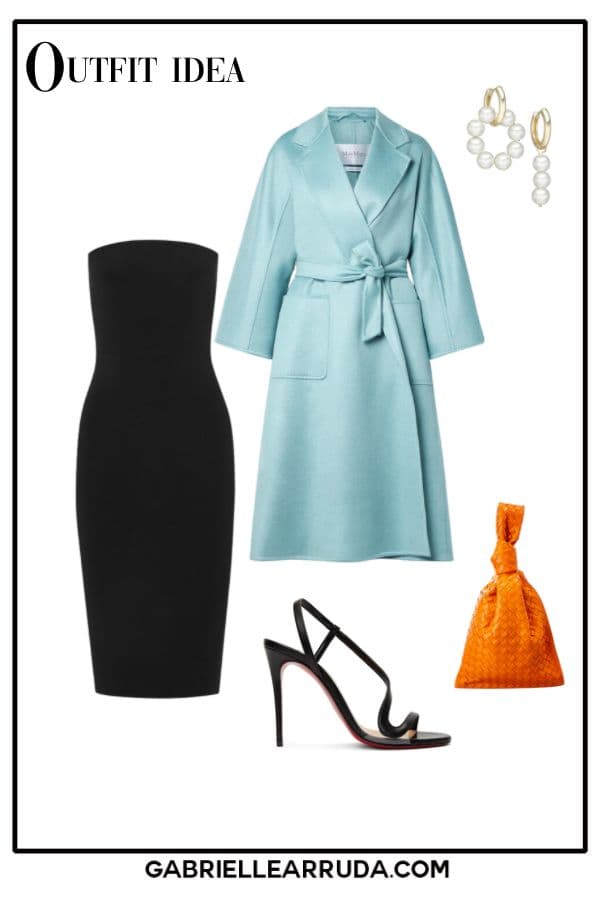 outfit idea, strapless dress, light blue wrap coat, strappy heels, and orange angular clutch
