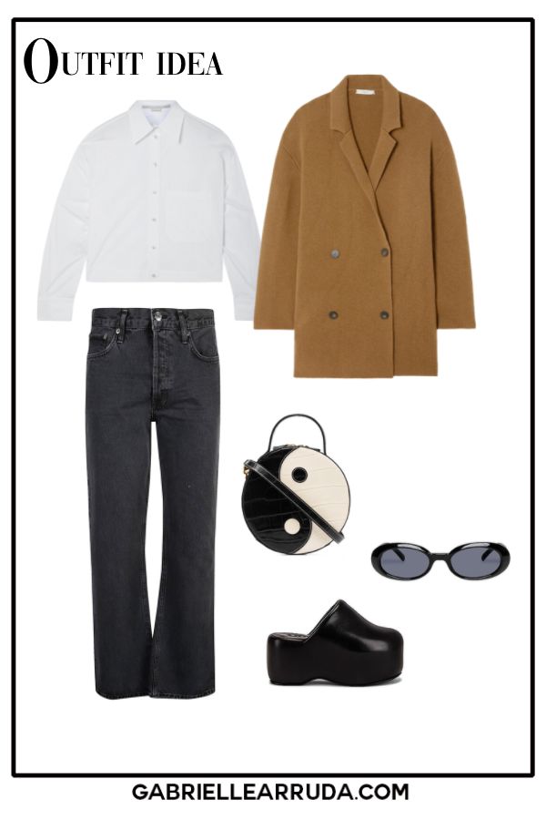 outfit idea cool girl chic: jeans white boxy shirt, oversized soft sweater, peace sign bag, simon miller clog, and le specs sunglasses