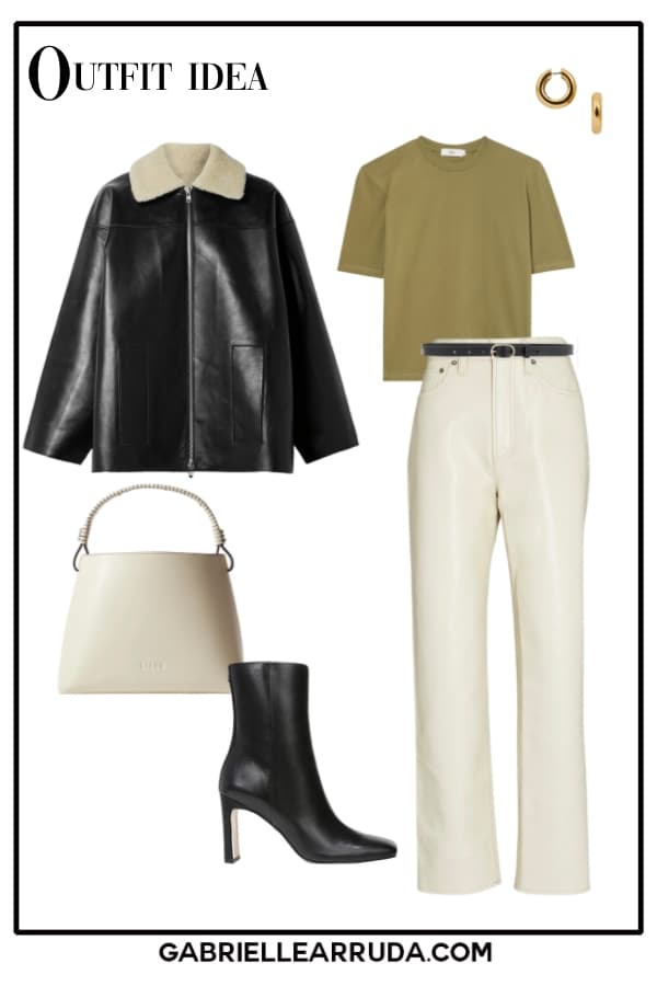 casual classic outfit: boxy leather jacket, olive gree tee, cream leather pants, with structural leather bag, gold huggie hoops, and square toe boots