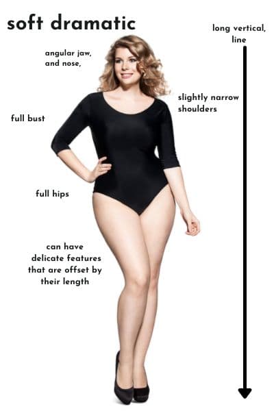 plus size soft dramatic full length body, long vertical line, full bust and hips, and can have delicate features like narrow shoulders 