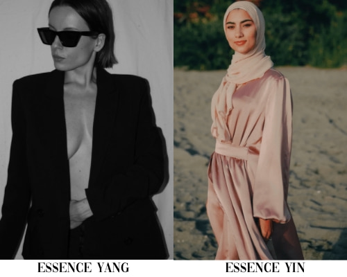 essence yang (woman in sharp blazer and sunglasses), essence yin (smiling, warm woman in flowy dress)