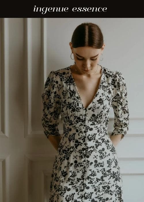 woman wearing floral fitted dress with pulled back hair, ingenue style essence
