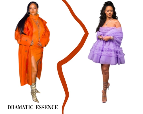 rihanna style theatrical romantic side by side outfit of dramatic essence look and a more traditioanal romantic dress