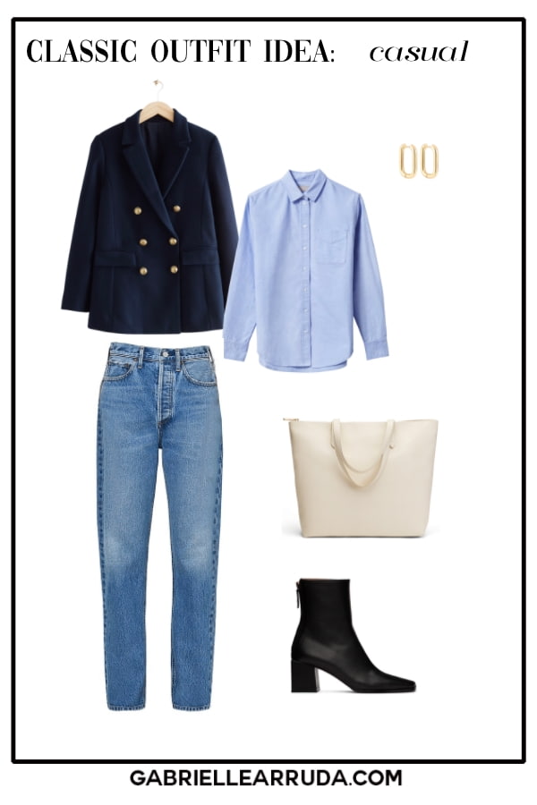 classic outfit with navy blazer, jeans, blue button up and heeled boots and leather tote