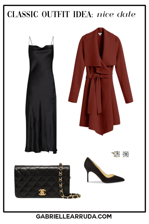 classic style date night outfit with slip dress, wrap coat, chanel bag, pump, and stud earrings