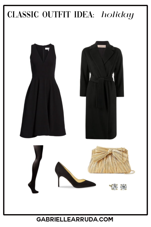 classic little black dress outfit, LBD, wrap wool coat, gold bow bag, pumps, tights, and diamond studs