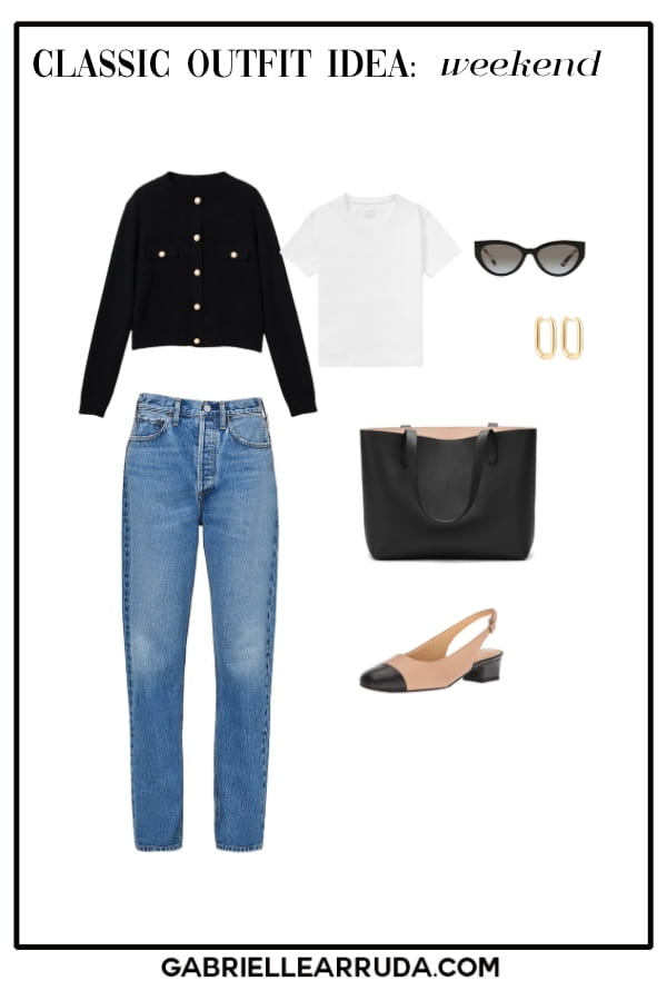classic weekend outfit idea, jeans, tee, cardigan with gold buttons, leather tote, and cap toe low block heels. 