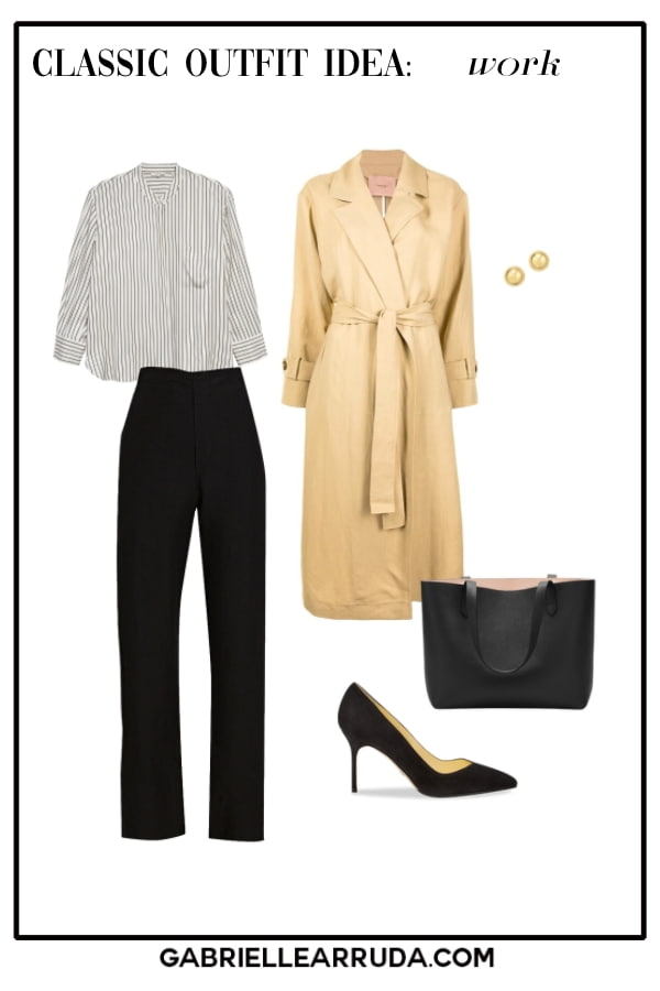 classic style office outfit with striped blouse, black trousers and pumps with camel trench 