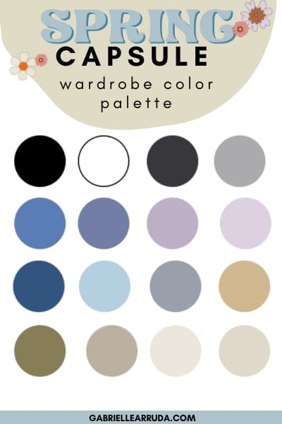 spring capsule wardrobe 2022 color palette- lilacs, blues, tans, and black/white/gray
