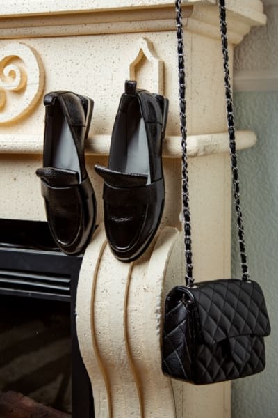 pair of loafers and quilted chanel-eque bag