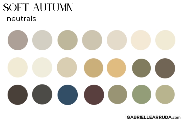 soft autumn neutrals, warm muted tans, greens, grays, light muted navy, and aubergene
