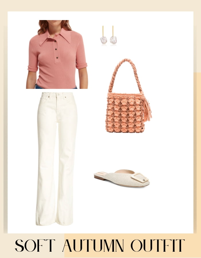 soft warm pink sweater with light ivory jeans and mules for soft autumn palette