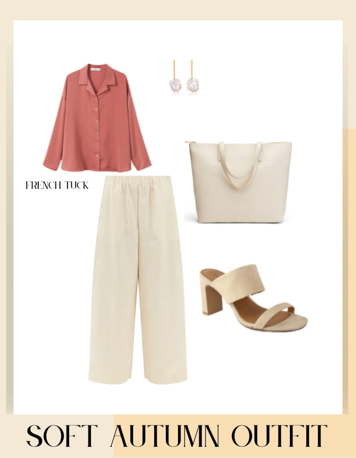 soft autumn casual chic outfit with muted pink blouse, linen trousers and nude mule heels