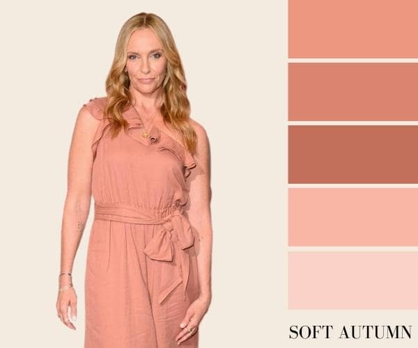 toni collette soft autumn in salmon pink dress palette