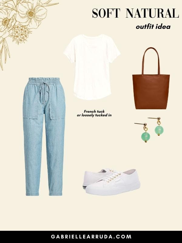 soft natural casual outfit with white sneakers, loose twill pants and tee