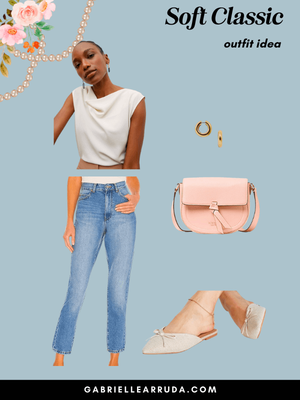 soft classic outfit kibbe, jeans, boatneck blouse, flats, and round leather bag