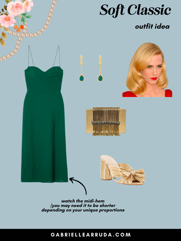 green reformation dress with loeffler randal bow mule heels for soft classic outfit