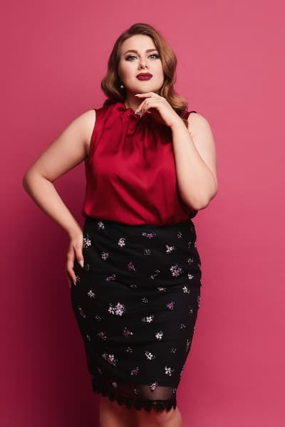 soft classic plus size example outfit with red blouse and pencil skirt