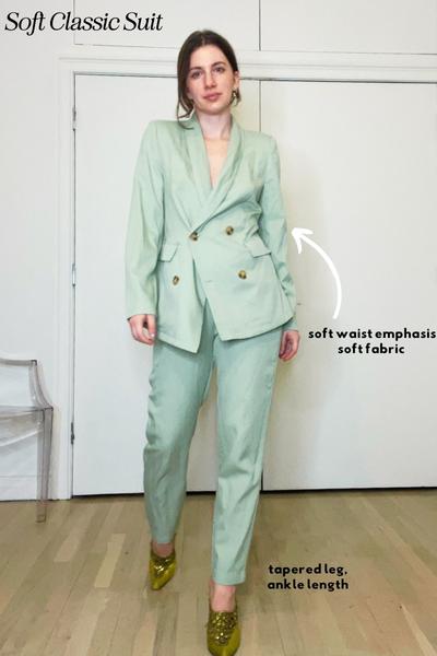 soft classic suit outfit example on gabrielle arruda