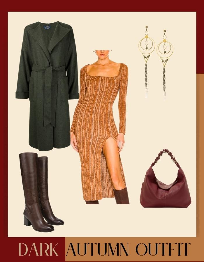 dark autumn outfit idea knit dress, wrap coat, knee high boots