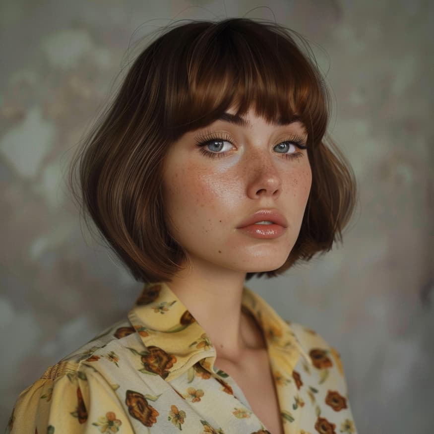 woman with short gamine bob and vintage print blouse