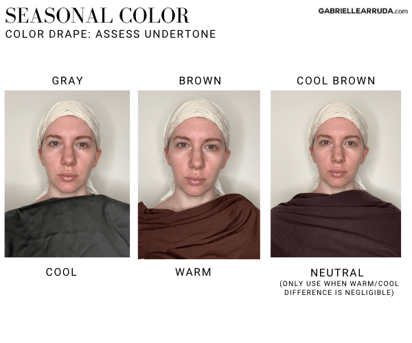 assessing skin undertone drapes on gabrielle arruda- gray (cool) warm brown and a neutral brow