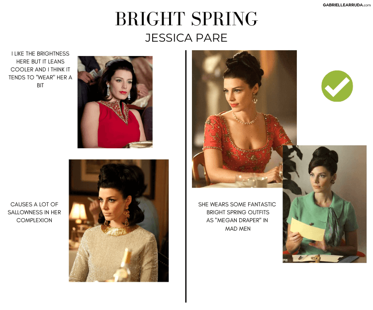 jessica pare as megan draper in bright spring clothing versus other seasons