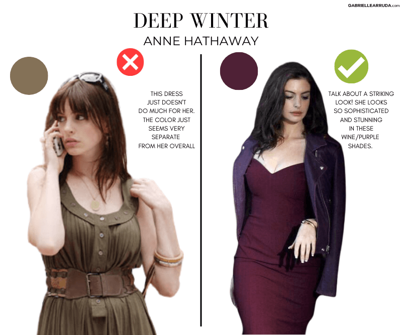 anne hathaway in and out of deep winter colors