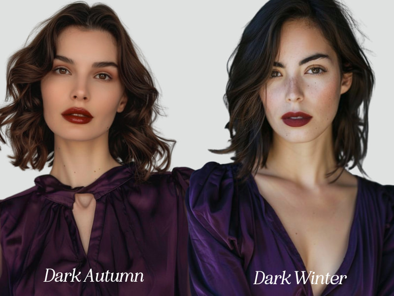 dark autumn woman vs dark winter woman both wearing their respective purples