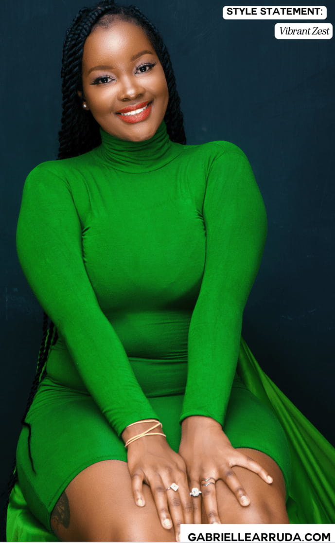 style statement example "Jess": beautiful happy black woman wearing green dress