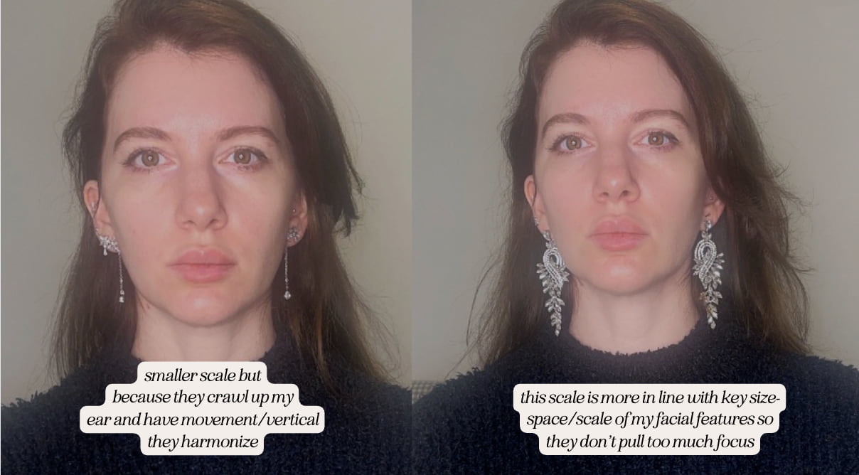 gabrielle arruda wearing two different scales of earrings to show effects on oblong face shape