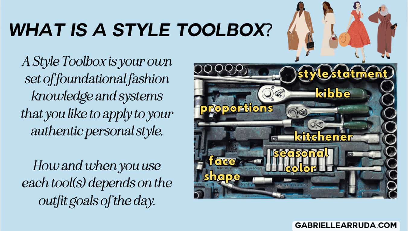What is a style toolbox? A style toolbox is your own set of foundational fashion knowledge and systems that you like to apply to your authentic personal style. 
