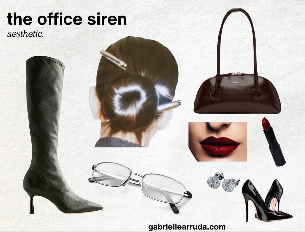 office siren accessries collage, y2k bag, bun with pen, glasses, heels, deep red lips