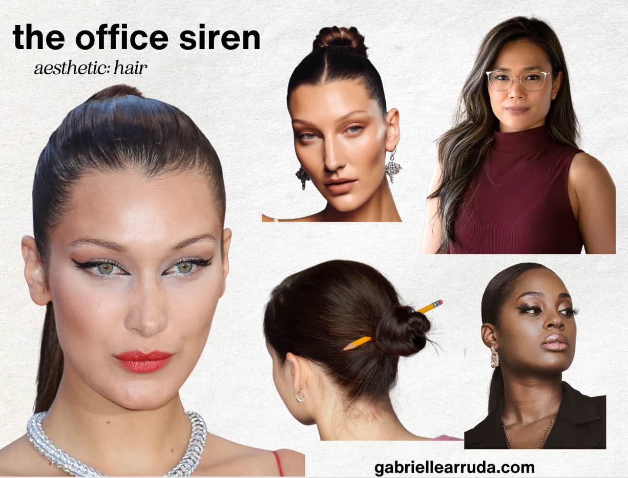 bella hadid hair for office siren as well as y2k bun, pencil in low bun, soft waves, and slick ponytail