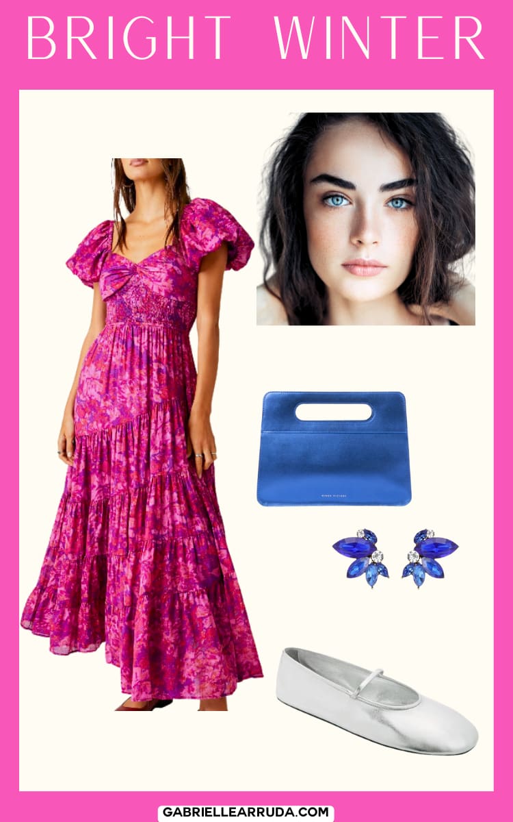 pink dress and blue clutch wit silver flats for bright winter for spring capsule