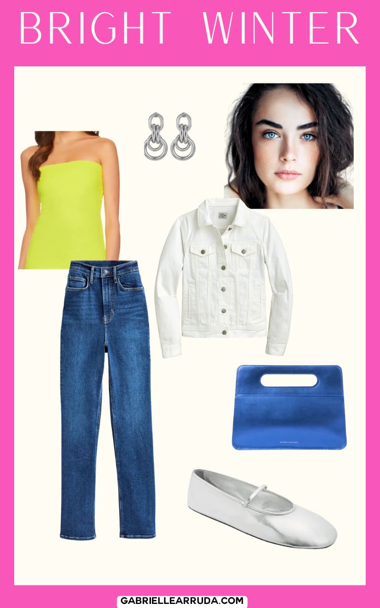 electric yellow with jeans and white jacket outfit for bright winter for spring capsule